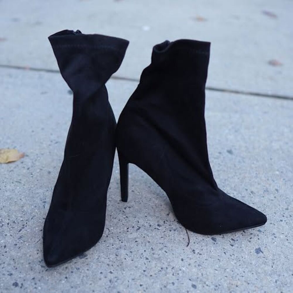 Black Suede Sock Booties 40 US 9 Pointed Toe Stiletto Heel Mid Calf Zip Boots